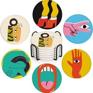 Table Coaster for Drinks Set of 6, Cute Funny Vintage Music Retro Geometric Coff
